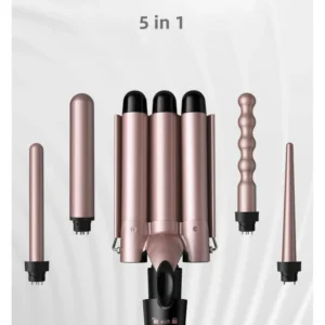 This 5-in-1 curling wand set features interchangeable ceramic barrels ranging from 19mm to 32mm, offering adjustable temperature settings with an LED display for creating diverse hairstyles.