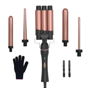 AccLoo 5-in-1 curling wand set with interchangeable barrels, heat-resistant glove, and hair clips for creating various curls and styles at home or while traveling.