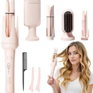 The 5-in-1 curling wand set includes interchangeable barrels, a hair straightening brush, and a hair waver crimper for versatile styling with adjustable temperature control and frizz-reducing technology.