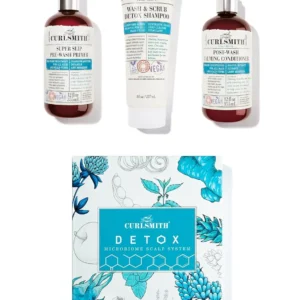 Curlsmith Detox Kit includes three vegan microbiome scalp products: Primer, Wash & Scrub, and Calming Conditioner, ideal for clarifying any hair type.