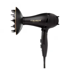 The CURLSMITH travel hair dryer with a large diffuser gently dries curly hair, reducing frizz with its ceramic heat technology.