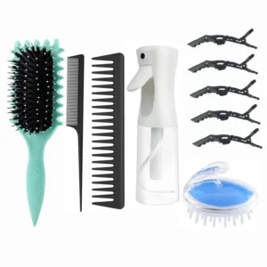 This curly hair brush set includes a curl defining brush, wide tooth comb, tail comb, spray bottle, scalp massager, and hair clips for versatile hair styling.