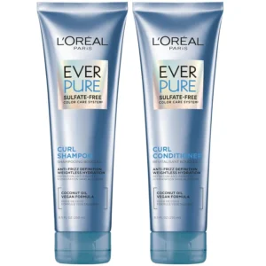 L'Oreal Paris EverPure Hydracharge shampoo and conditioner set formulated for curly hair with coconut oil to deliver lightweight, anti-frizz hydration and lasting moisture.
