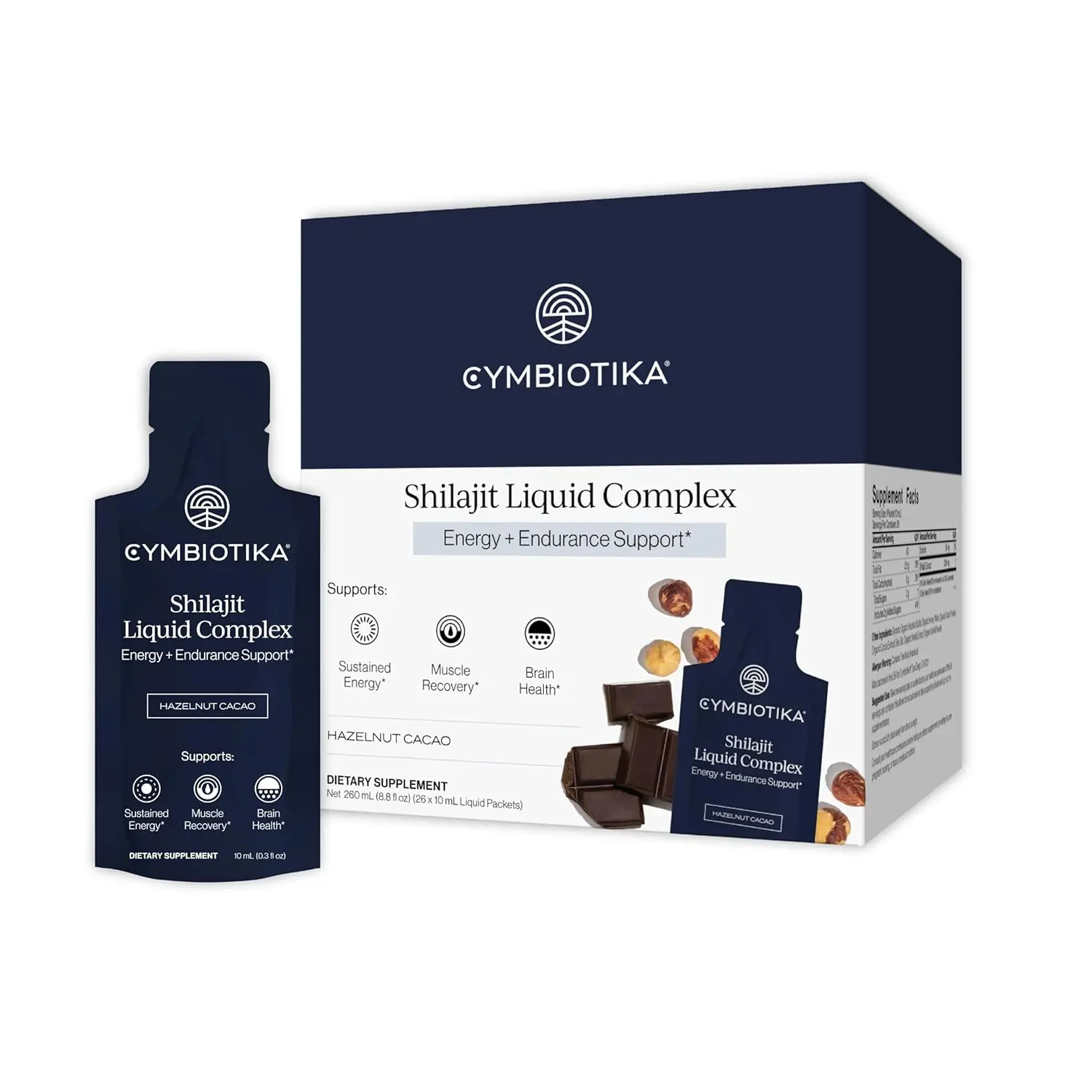 Cymbiotika Shilajit liquid complex with over 85 trace elements, fulvic and humic acid, cocoa, honey and hazelnut butter is designed to boost energy, focus and post-workout recovery.