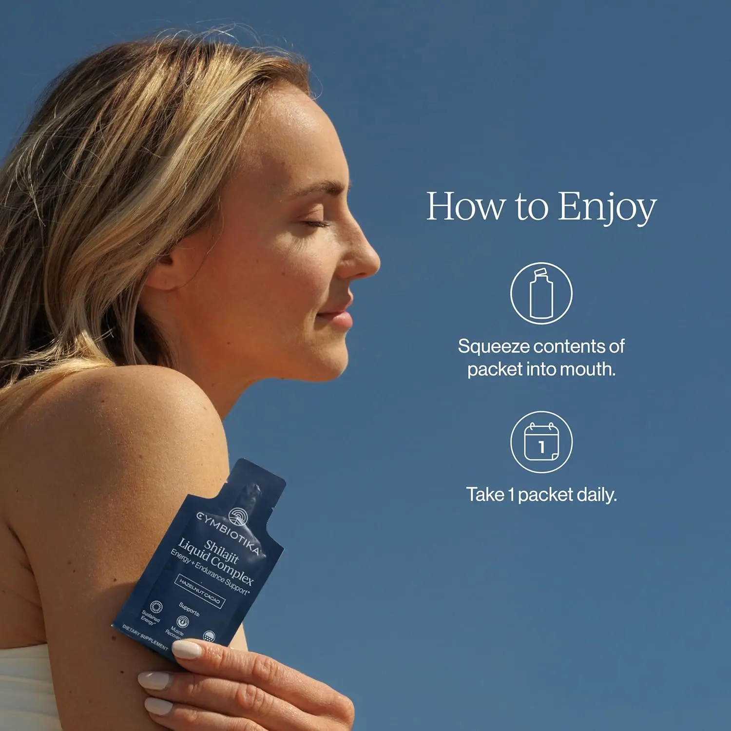 Cymbiotika Shilajit liquid complex with over 85 trace elements, fulvic and humic acid, cocoa, honey and hazelnut butter is designed to boost energy, focus and post-workout recovery.