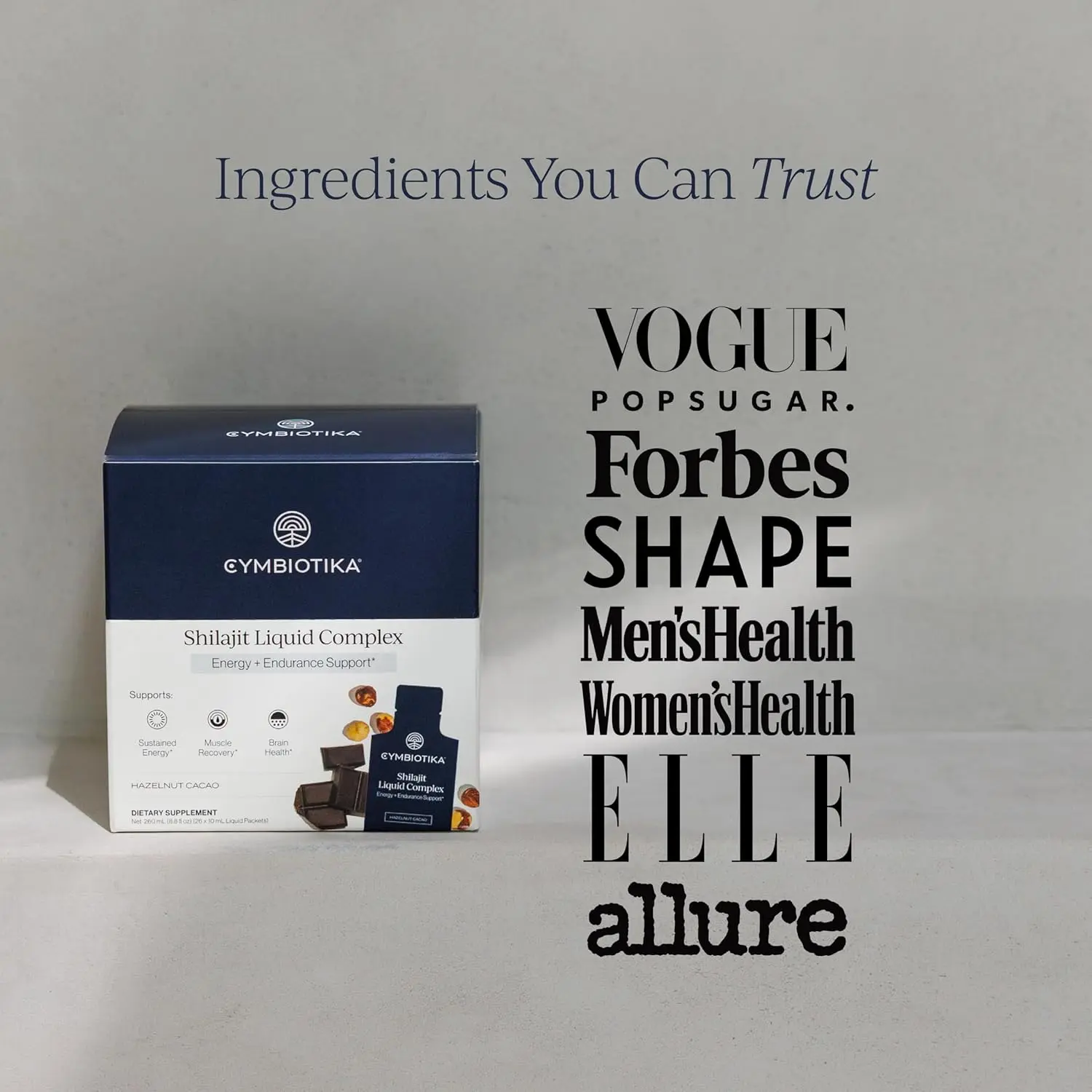 Cymbiotika Shilajit liquid complex with over 85 trace elements, fulvic and humic acid, cocoa, honey and hazelnut butter is designed to boost energy, focus and post-workout recovery.