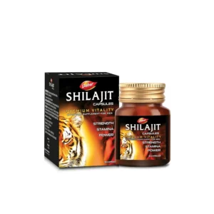 Dabur Shilajit capsules sourced from the Himalayas support vigor, vitality, muscle strength, and immunity with fulvic acid and over 80 minerals to boost testosterone and fight fatigue.