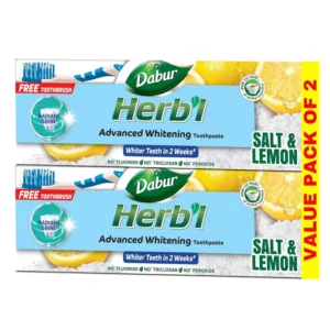 Dabur Herbal Whitening Natural Toothpaste with salt and lemon, promoting plaque removal, oral health, and sparkling white teeth.