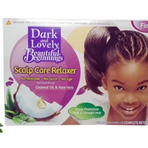 Dark and Lovely Beautiful Beginnings relaxer for fine, straight hair with coconut and aloe for scalp care.