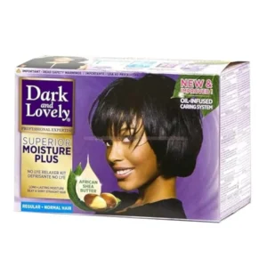 Dark and Lovely Moisture Plus relaxer kit for normal hair, packed with ingredients for healthy-looking and relaxed hair.