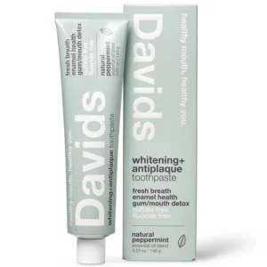 Davids natural peppermint whitening toothpaste in a recyclable metal tube is an eco-friendly option for a brighter smile and a healthier planet.