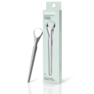 This stainless steel tongue scraper by Davids gently removes debris for improved oral hygiene and fresher breath, made in the USA.