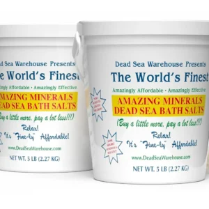 Two packs of Dead Sea bath salts containing over 21 minerals for muscle tension relief, relaxation, and dry skin moisturizing.