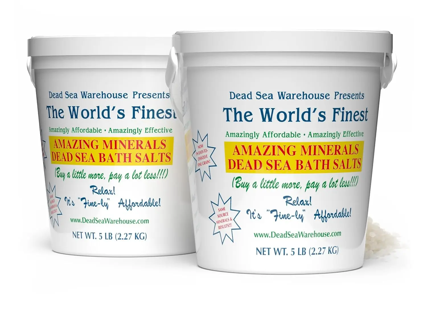 Two packs of Dead Sea bath salts containing over 21 minerals for muscle tension relief, relaxation, and dry skin moisturizing.