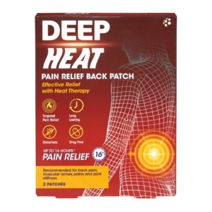 Extra large Deep Heat back pain relief patches providing long-lasting, odourless and targeted therapeutic heat for muscular aches, joint stiffness, and back pain.