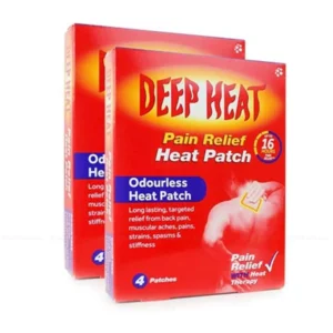 Pack of 8 Deep Heat odourless back patches providing up to 8 hours of therapeutic pain relief.
