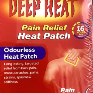 Two large Deep Heat patches provide up to 8 hours of warming relief for back pain and muscular aches.