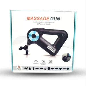 This image shows a handheld deep tissue massage gun with multiple attachments, designed for muscle recovery and pain relief for athletes, targeting the back, shoulders, and full body.
