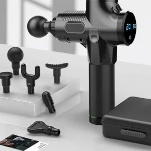 Black handheld massage gun with six interchangeable heads, designed for deep tissue muscle relief and recovery after workouts.