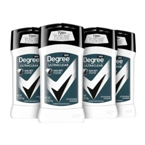 Four pack of Degree Men UltraClear Black + White antiperspirant deodorant providing 72-hour sweat and odor protection and anti-stain technology.