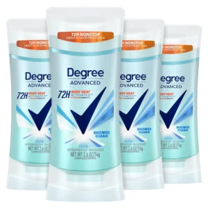 This image shows a 4-pack of Degree Women Shower Clean Antiperspirant Deodorant sticks, providing 72-hour sweat and odor protection with MotionSense technology and a bright floral scent.