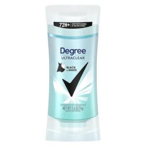 Degree UltraClear Black+White antiperspirant deodorant protects clothes from white marks and yellow stains while providing 72-hour sweat and odor protection for women.
