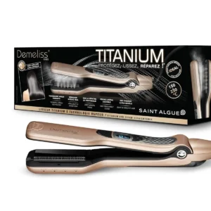 The Demeliss titanium wide hair straightener in gold and black, featuring steam technology and a digital temperature display.