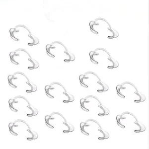 A set of clear and blue plastic C-shaped dental cheek retractors in small, medium, and large sizes for unobstructed oral cavity view during teeth whitening.