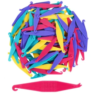 This set of 50 colorful dental elastic band placers are made of durable plastic and feature a 2-in-1 design for easy placement and removal of orthodontic brace bands.