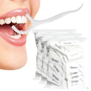 This image shows 300 individually wrapped dental floss picks perfect for travel and on-the-go dental care, designed for removing plaque and food debris to keep teeth clean and gums healthy.