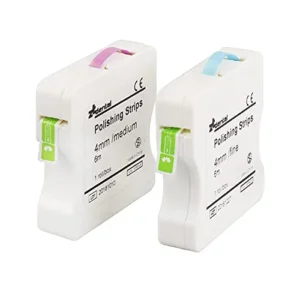 Impressive Smile dental polishing strips in blue and pink grit for finishing and polishing surfaces of adjacent teeth, ideal for interproximal cleaning and creating a healthy tooth shape.