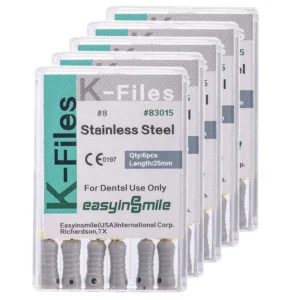 Five boxes of Easyinsmile dental endodontic root canal K files, size 8#, made of stainless steel for cleaning and shaping root canals.