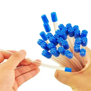 A pack of one hundred disposable dental saliva ejectors designed for safe and hygienic oral fluid removal during dental procedures.