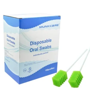 These fruit green, tooth-shaped dental swabs with long handles are individually wrapped for easy and convenient oral cavity cleaning, perfect for elderly or special needs individuals.