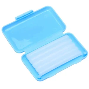 A box of mint flavored dental wax for braces provides relief from wire and bracket irritation, with 5 strips allowing for up to 50 uses.