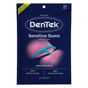 DenTek Comfort Clean floss picks for sensitive gums feature soft, mouthwash blast flavored floss with fluoride and a low profile tongue scraper.
