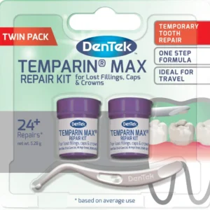DenTek Temparin Max dental repair kit for repairing lost fillings, loose caps, crowns, and inlays with enough material for 24+ repairs.