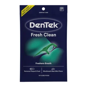 This is a 75-count package of DenTek Fresh Clean Floss Picks with a long-lasting mint mouthwash flavor and a textured pick for removing food and plaque.