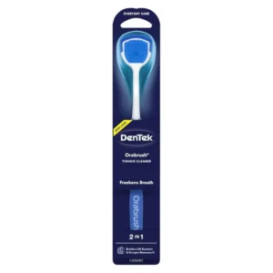 The DenTek Orabrush Tongue Cleaner uses micro-pointed bristles and a built-in scraper to reach deep and remove bacteria for fresher breath.