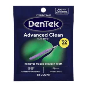 A pack of 32 DenTek Slim Brush Advanced Clean interdental cleaners with extra-tight bristles for cleaning between teeth and dental appliances.