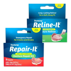 A denture repair kit by Dentemp to easily mend cracks and fix breaks in dentures in minutes.