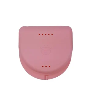 Pink Dentosmile orthodontic retainer case for aligner, mouth guard, or denture storage.