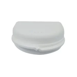 A white Dentosmile retainer case for storing orthodontic retainers, mouth guards, aligners or dentures.