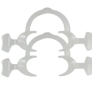 Small, clear Dentosmile Flexi Eco cheek retractors with wings, manufactured in India from high-quality, autoclavable PP plastic, available in a pack of two.