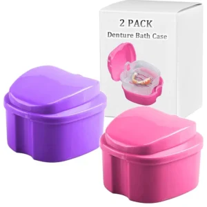 This 2 pack of premium denture bath boxes, in pink and purple, with lift-out drain cups are made of durable, non-toxic PP material and are ideal for cleaning and soaking dentures, retainers, mouth guards, and clear braces, perfect for travel and everyday use.