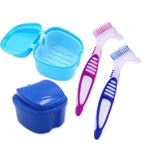 This denture bath case kit includes two soaking containers with strainer baskets and two double-headed brushes for cleaning and storing false teeth.