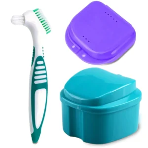 This denture bath case set includes a denture cleaning brush and retainer holder box for a complete clean care of your dentures, clear braces, mouth guard, night guard and retainers while traveling.