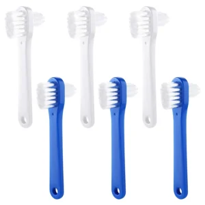 This image shows a set of six Azonee dual head denture brushes in blue and white, designed for effectively cleaning dentures and false teeth with their durable PP handles and soft nylon bristles.