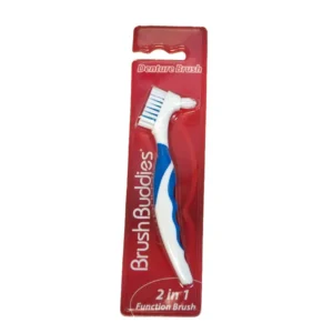 This Brush Buddies denture brush with an ergonomic handle is designed to effectively clean dentures, reaching areas that regular toothbrushes cannot.