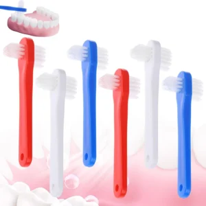 This denture cleaning brush set includes six color-coded, dual-headed brushes with firm nylon bristles for effectively cleaning dentures, retainers, mouthguards, and other oral appliances.